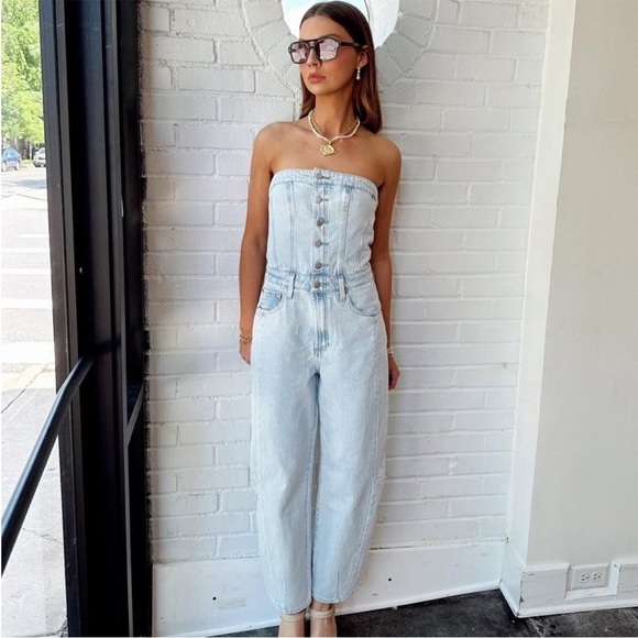 Anthropologie Pistola Daphne Strapless Denim High Rise Barrel Leg Jumpsuit - Picture 1 of 16